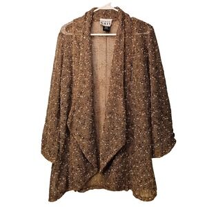 Womens Brown Open-Front Mesh-Fishnet Lagenlook Cardigan L Artsy Coastal Grunge